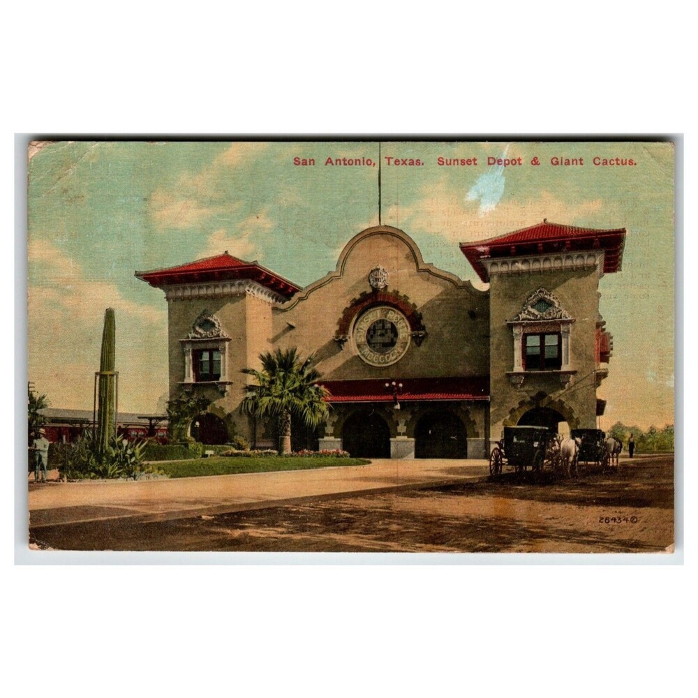 San Antonio TX Sunset Depot & Giant Cactus Postcard 1910 Paul Ebers Vintage